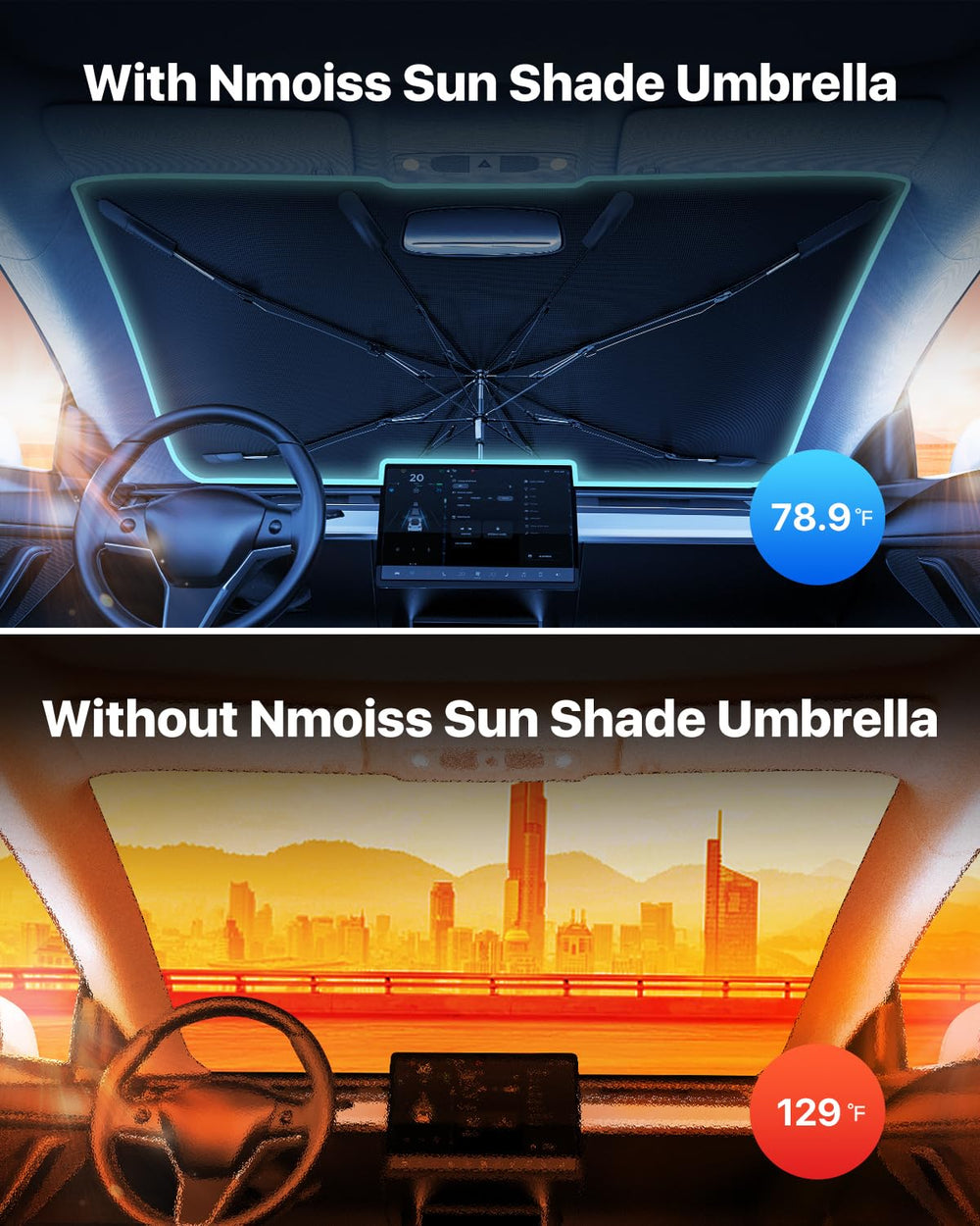 Nmoiss Sun Shade Umbrella in use, showcasing quick setup and flexible storage.