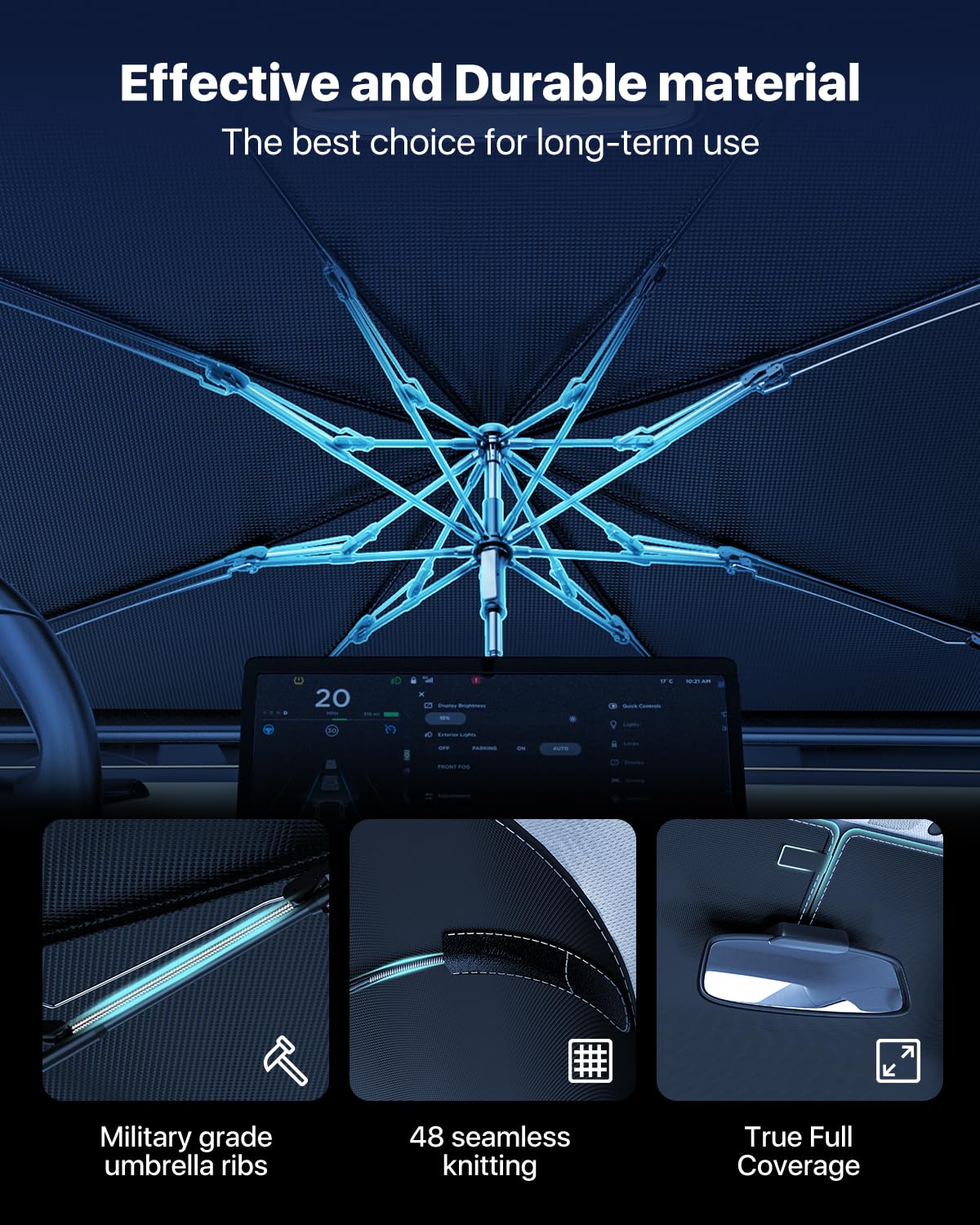 Corner springs protect the vehicle while shielding the interior from sun exposure.