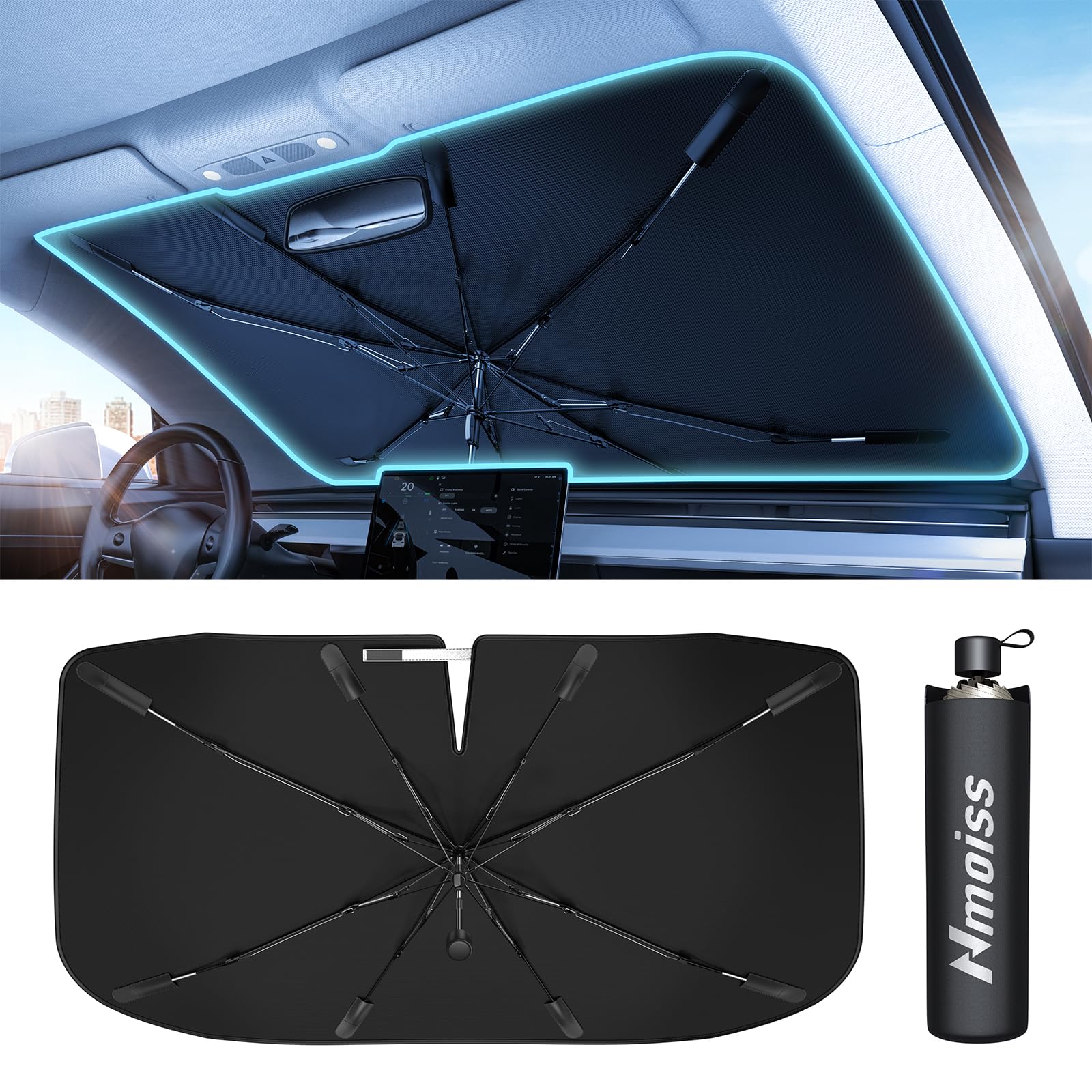 Nmoiss Windshield Sun Shade Umbrella cooling design reduces interior heat on hot days.