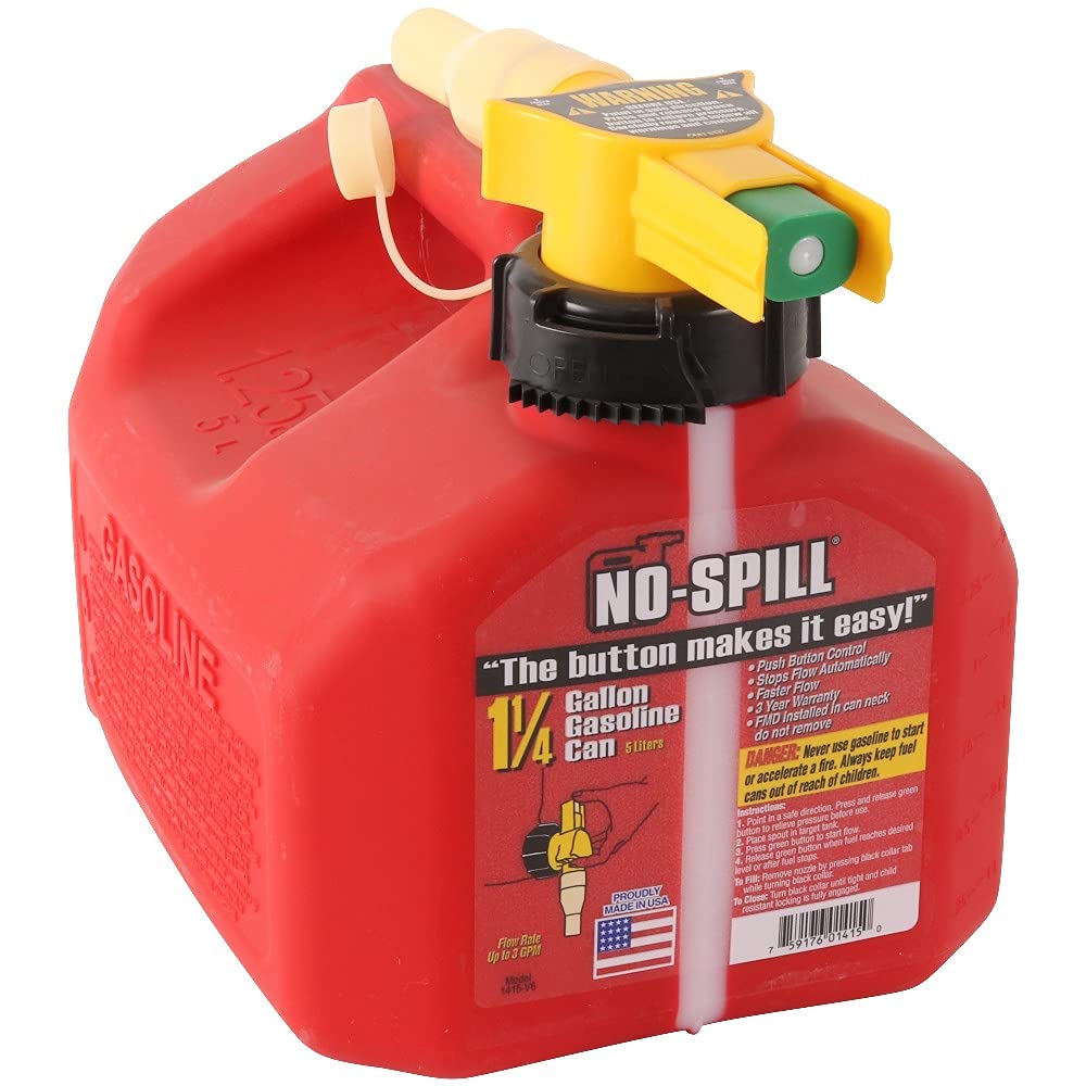 No-Spill 1415 red gas can with controlled spout pour reduces spills.