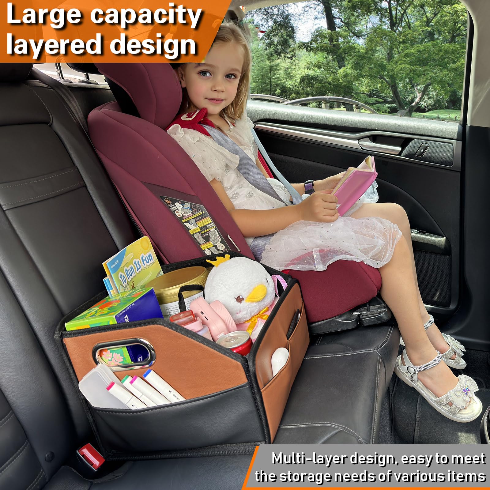 Noaman Car Organizer fits front or back seat across cars, trucks, and SUVs.