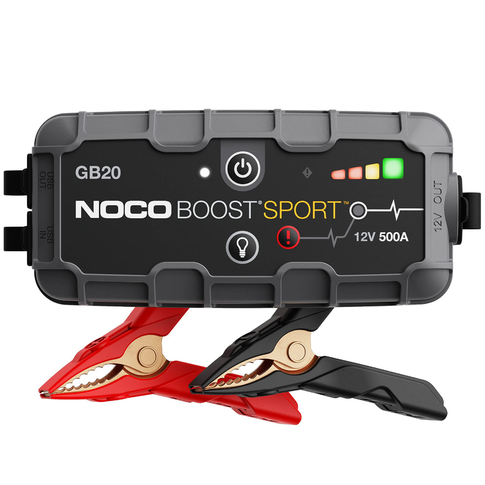 NOCO Boost GB20 jump starter powering a dead car battery for quick ignition.