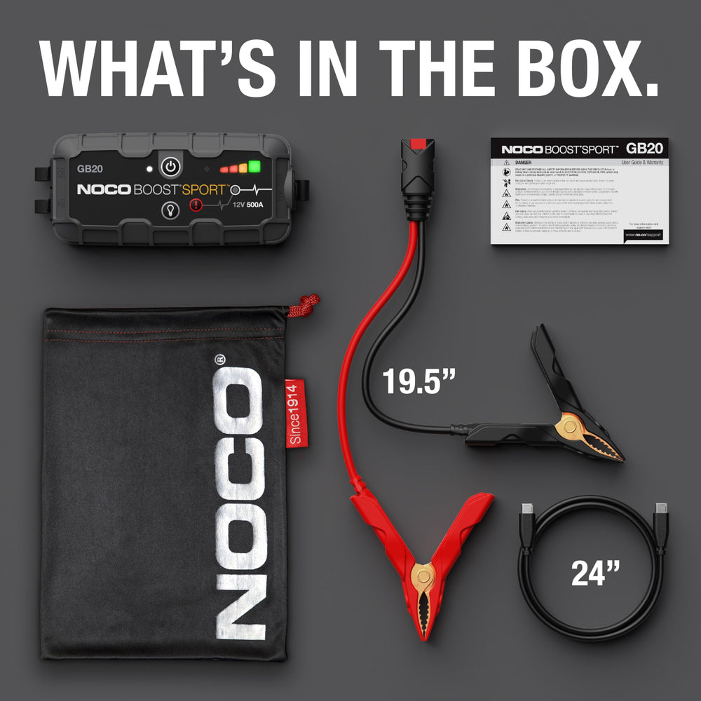 NOCO GB20 microfiber bag keeps jump starter organized in glove box.