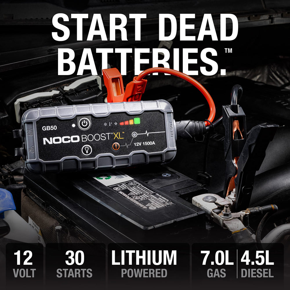 GB50 clamps and cables ready for safe, spark-proof starts on 12V vehicles.