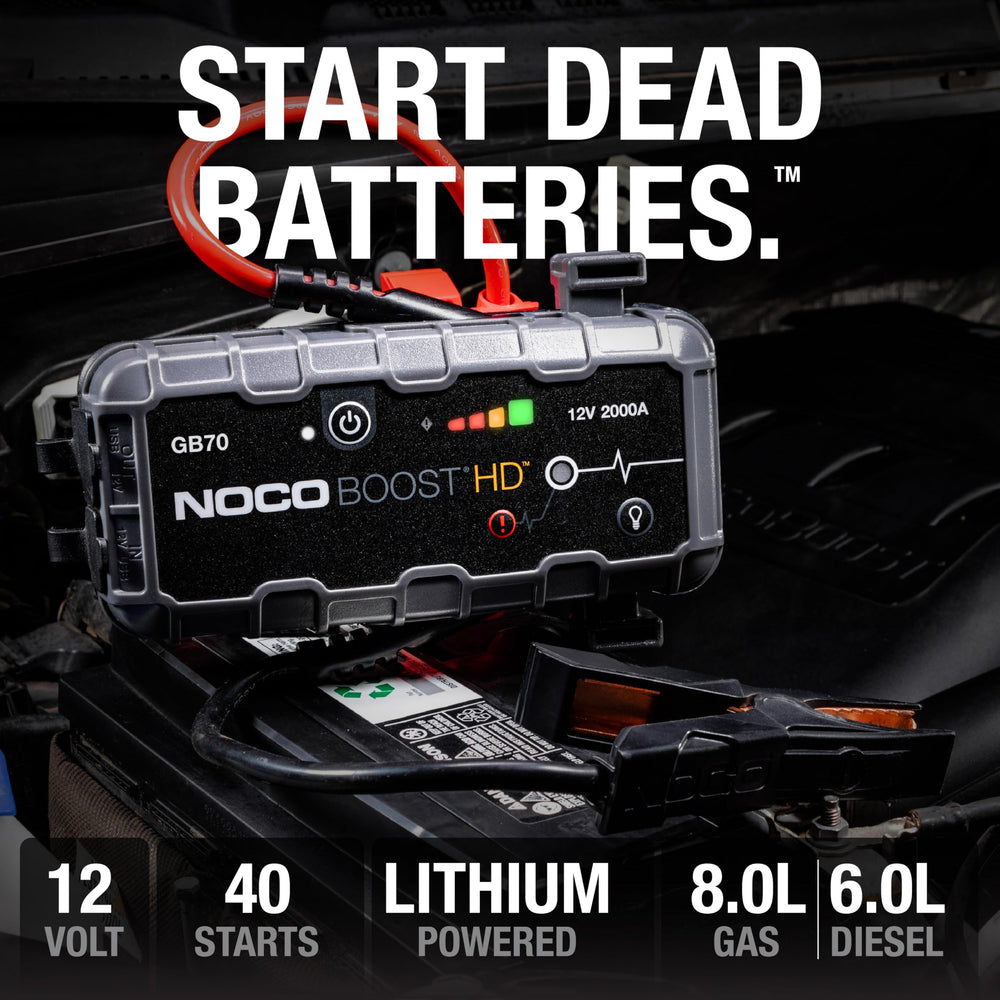 NOCO Boost GB70 clamps with spark-proof connections for safe, easy starts