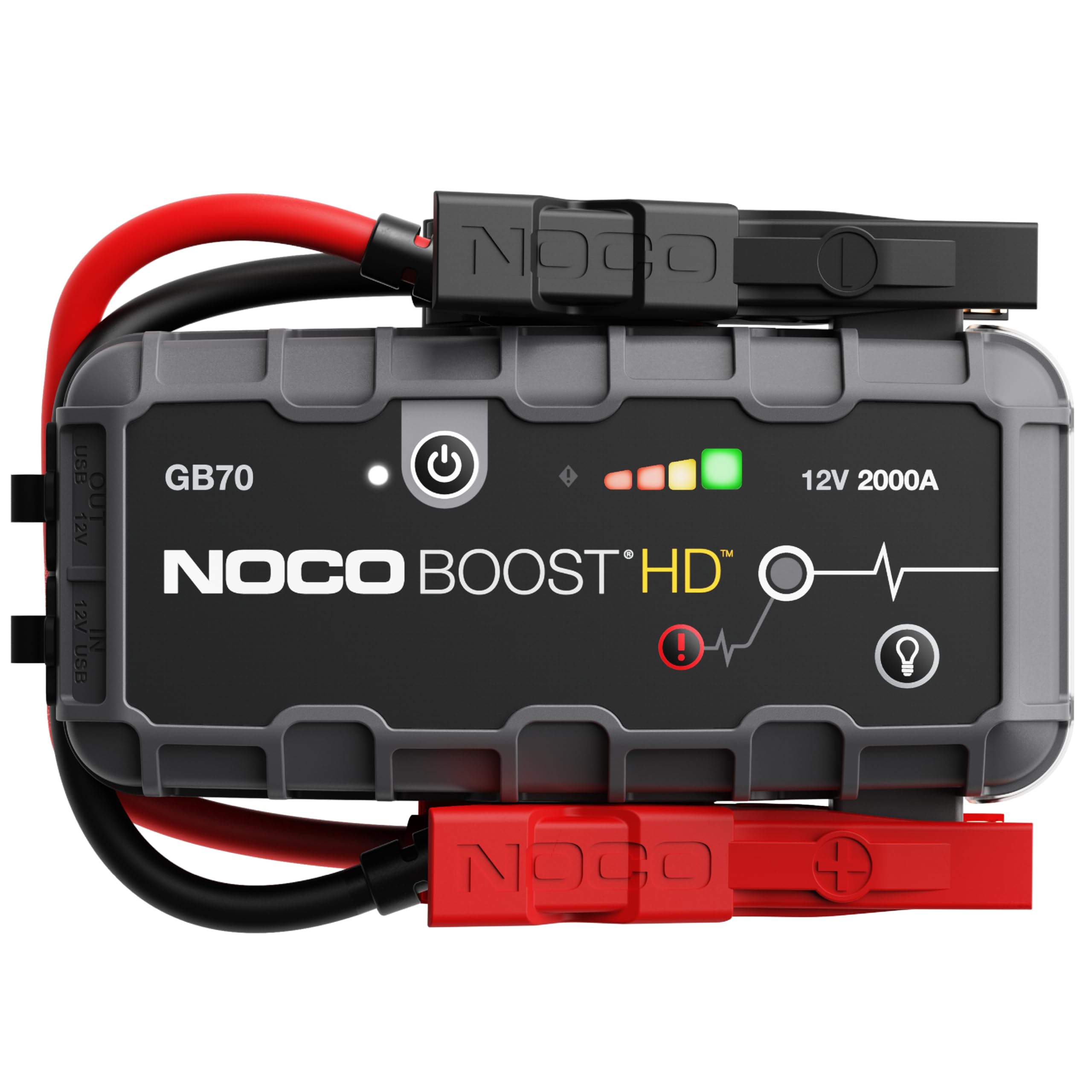 NOCO Boost GB70 front view showing compact jump starter ready for glovebox storage