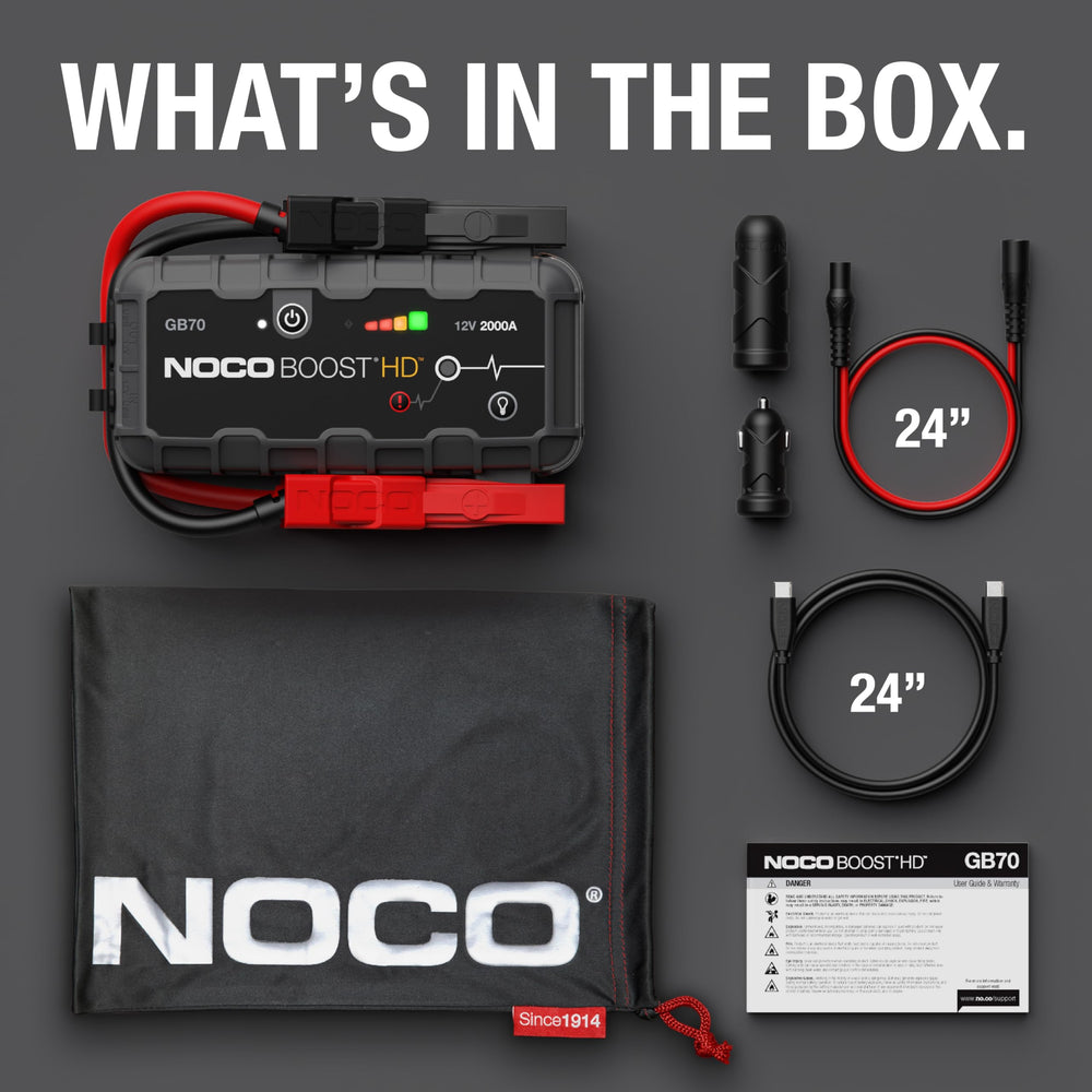 NOCO Boost GB70 in-box contents include cables and microfiber bag