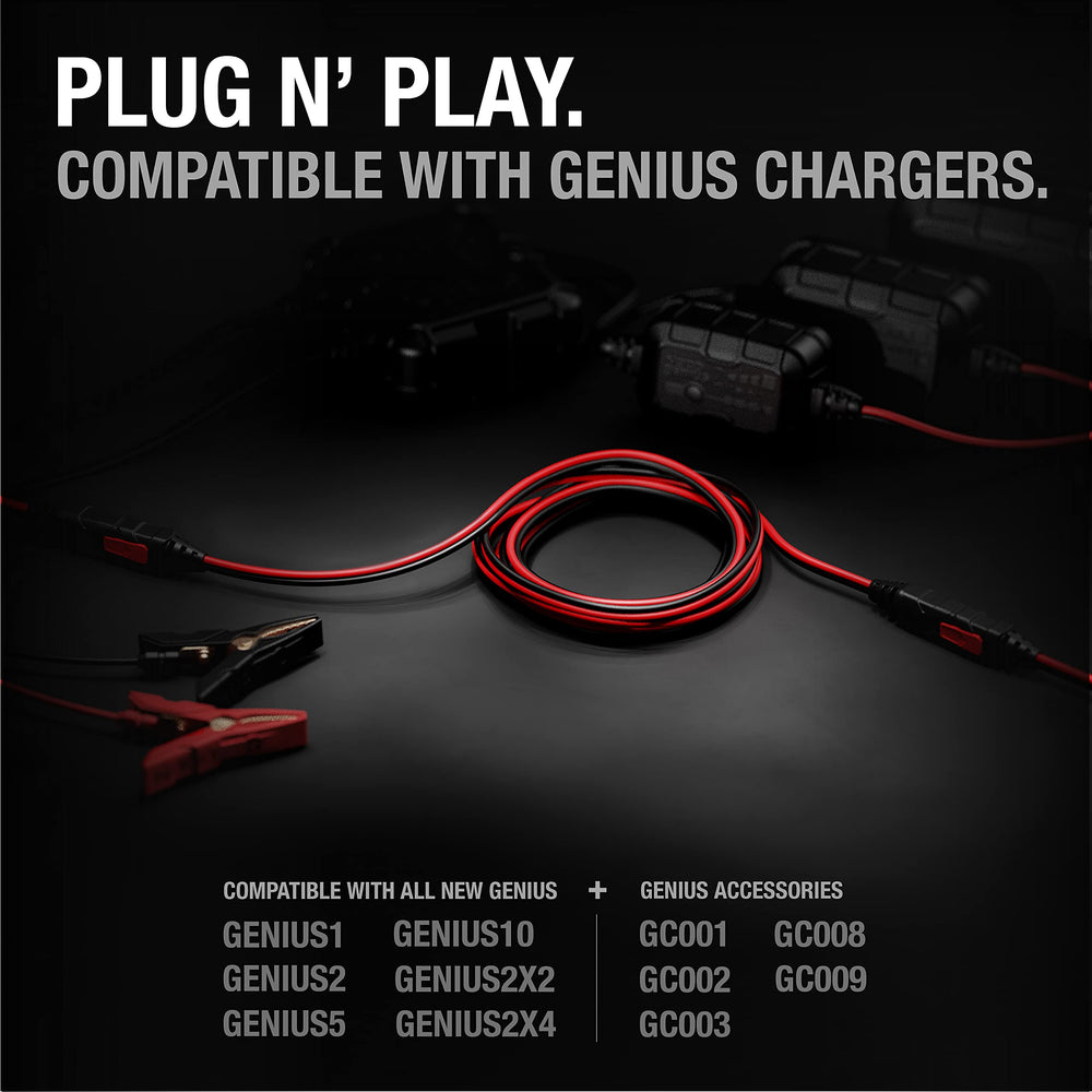 NOCO extension cable in a workshop setting demonstrates extended reach for charging devices.