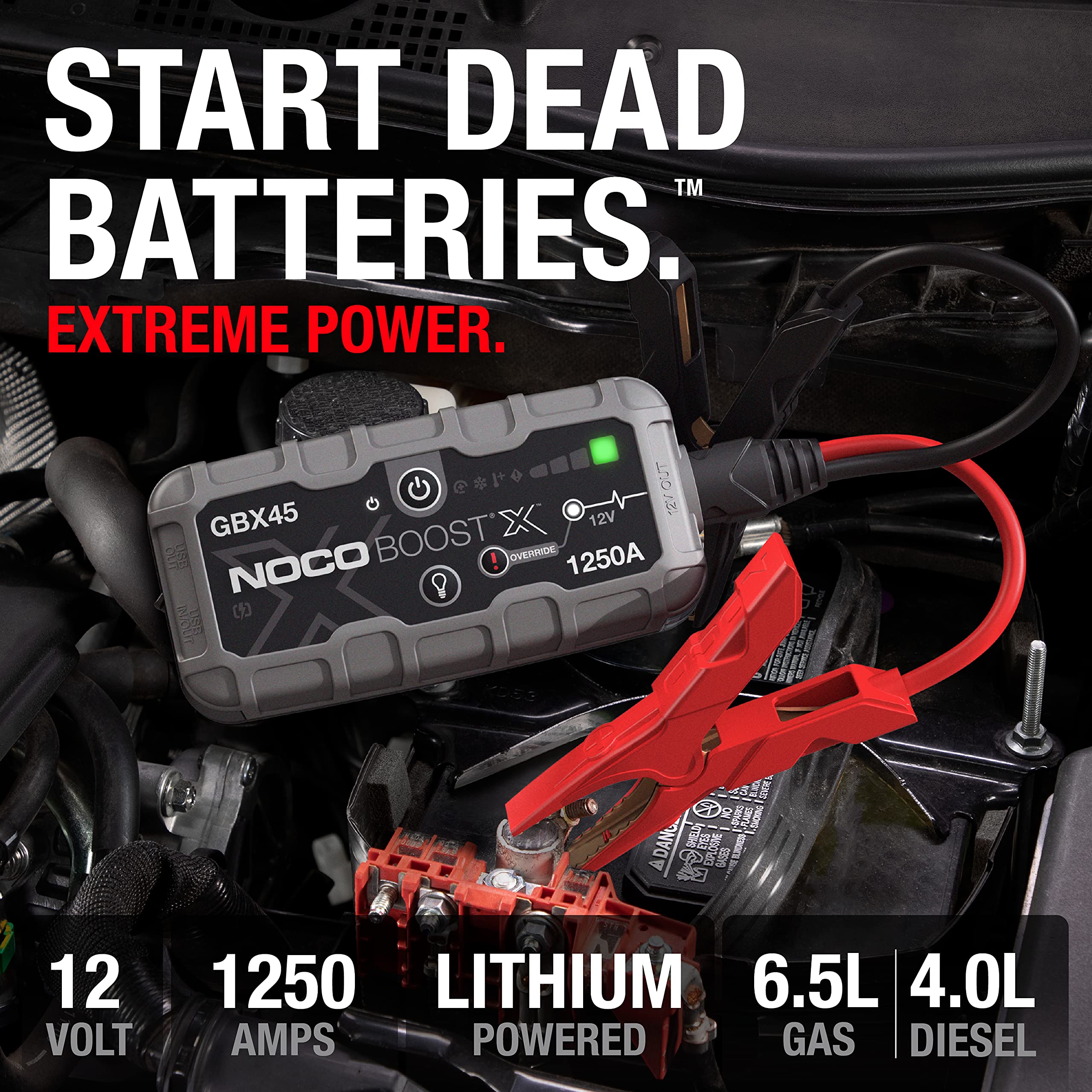 NOCO GBX45 jump start in action powering a stalled vehicle battery.