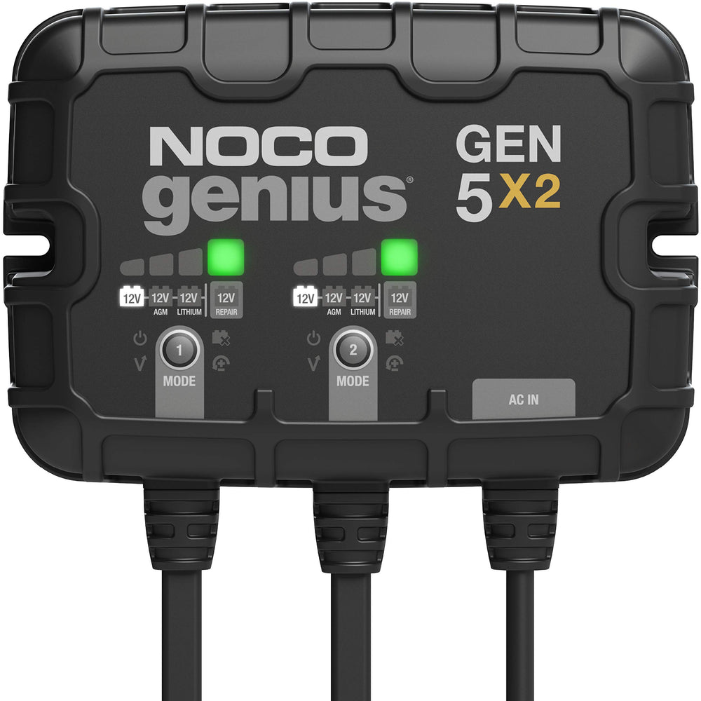 NOCO GEN5X2 two-bank charger front view shows compact marine power for dual batteries