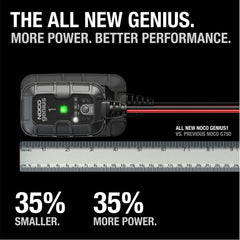 NOCO GENIUS1 side view highlights compact size and portability for garage use.