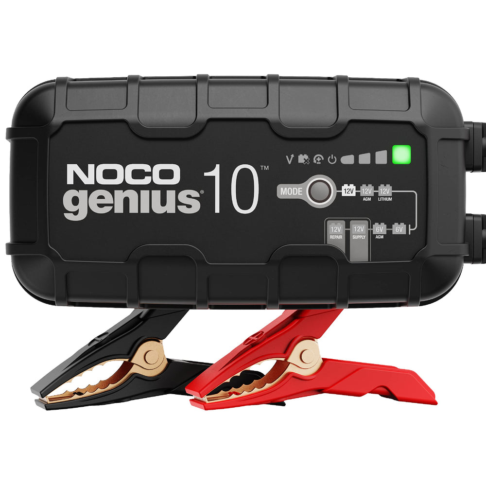 NOCO GENIUS10 front view showing a compact all‑in‑one charger for 6V/12V batteries.