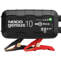 NOCO GENIUS10 front view showing a compact all‑in‑one charger for 6V/12V batteries.