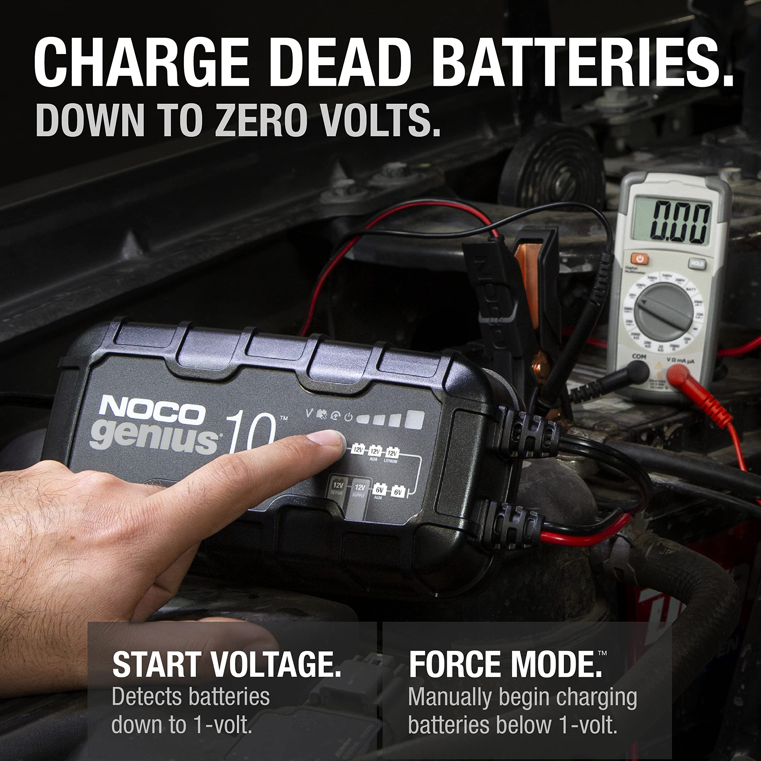 NOCO GENIUS10 thermal sensor visible, adjusting charge for temperature conditions.