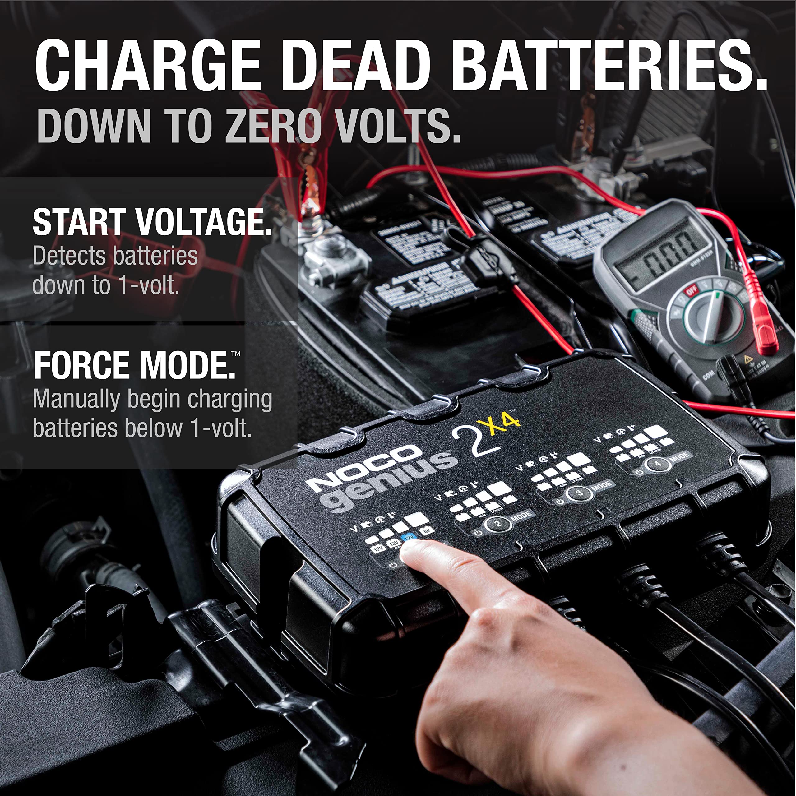 NOCO GENIUS2X4 force-mode enables charging deeply discharged batteries down to zero volts.