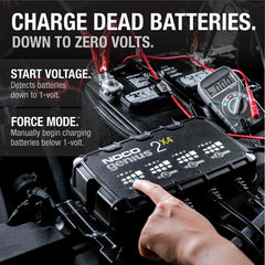 NOCO GENIUS2X4 force-mode enables charging deeply discharged batteries down to zero volts.