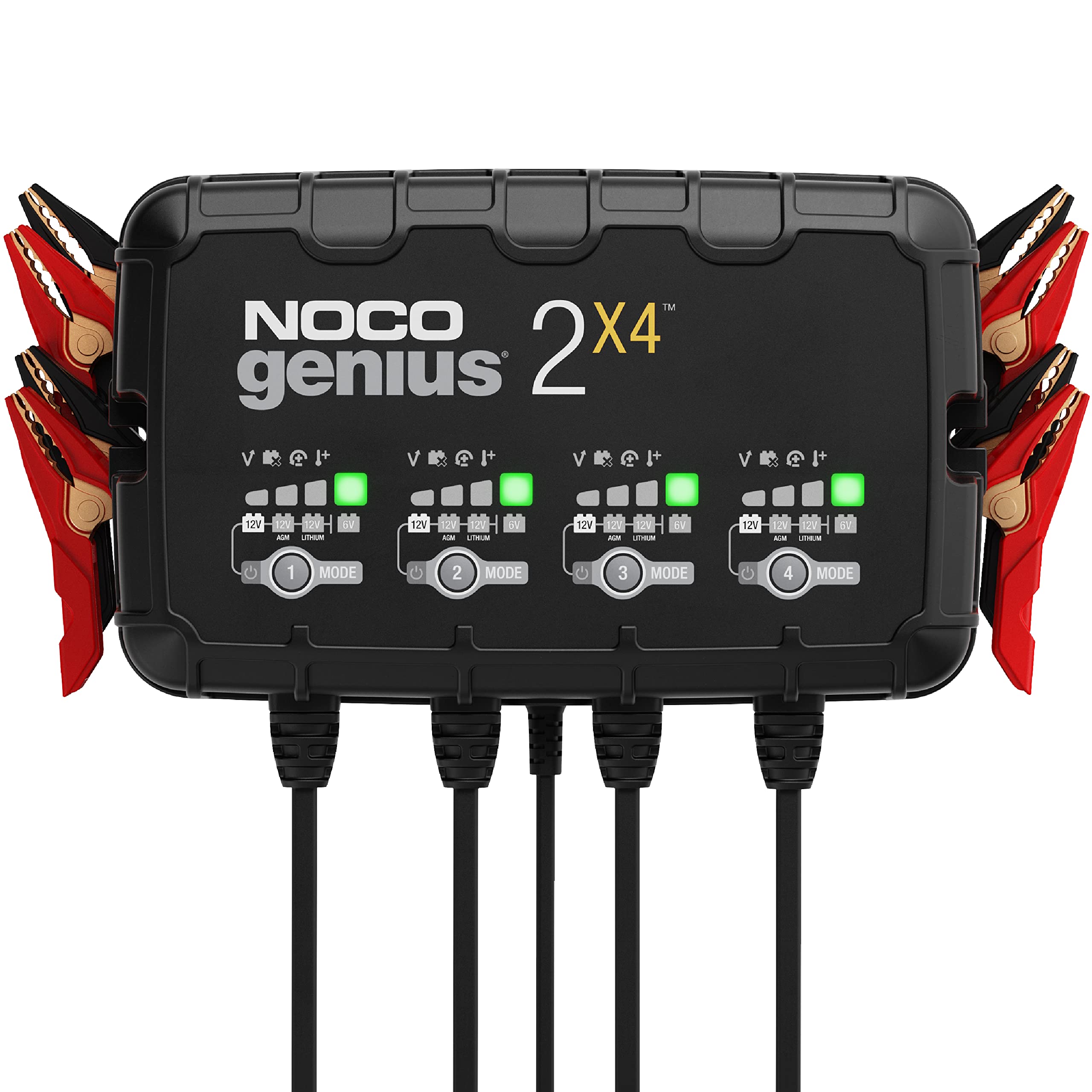 NOCO GENIUS2X4 four-bank charger powers multiple batteries concurrently for convenience.