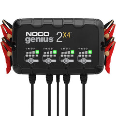 NOCO GENIUS2X4 four-bank charger powers multiple batteries concurrently for convenience.