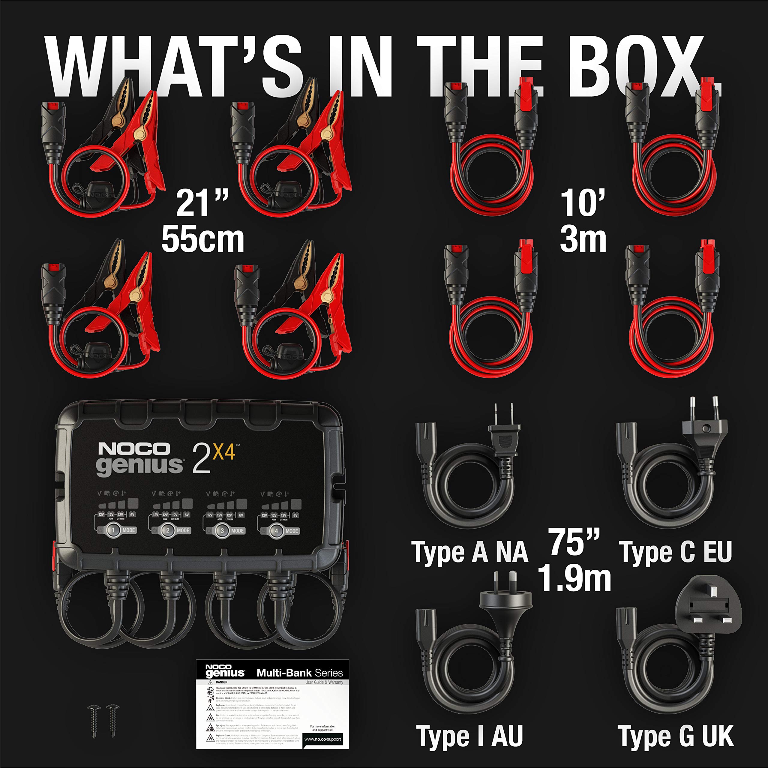 NOCO GENIUS2X4 package includes all cables, clamps, and a three-year warranty.