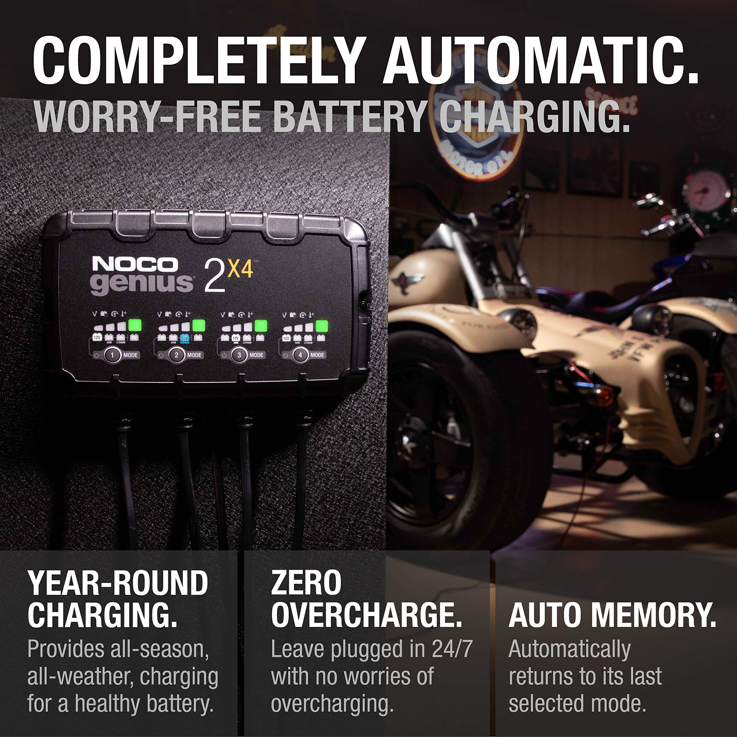 NOCO GENIUS2X4 sulfation-pulse charging restores health and extends battery life.