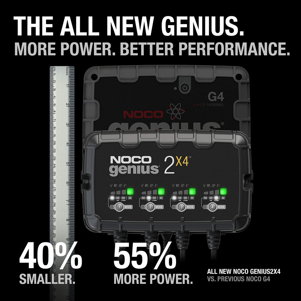 NOCO GENIUS2X4 thermal-sensor ensures temperature-aware charging for safety and efficiency.