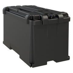 NOCO HM408 front view highlighting rugged enclosure for 4D batteries, ideal for boats and RVs.