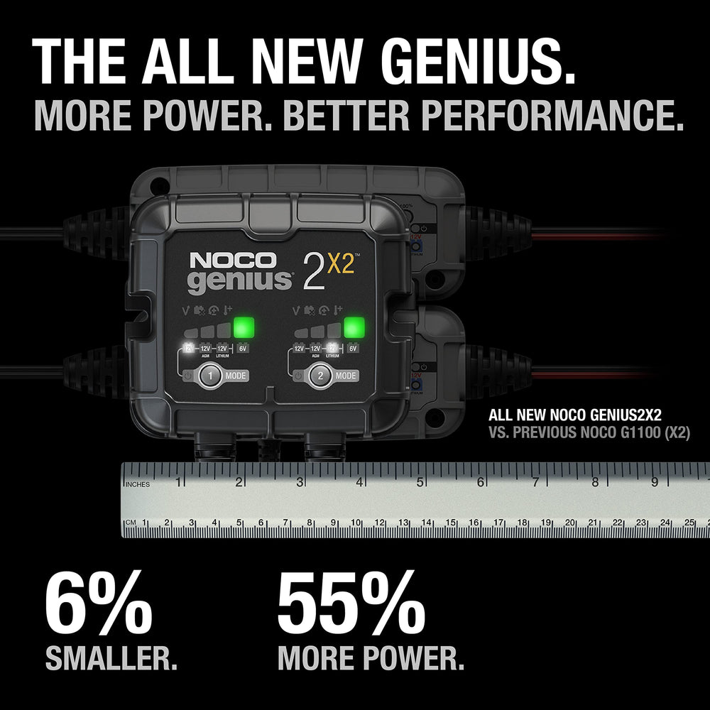 NOCO GENIUS2X2 dual bay connection cables illustrating easy setup across vehicles.