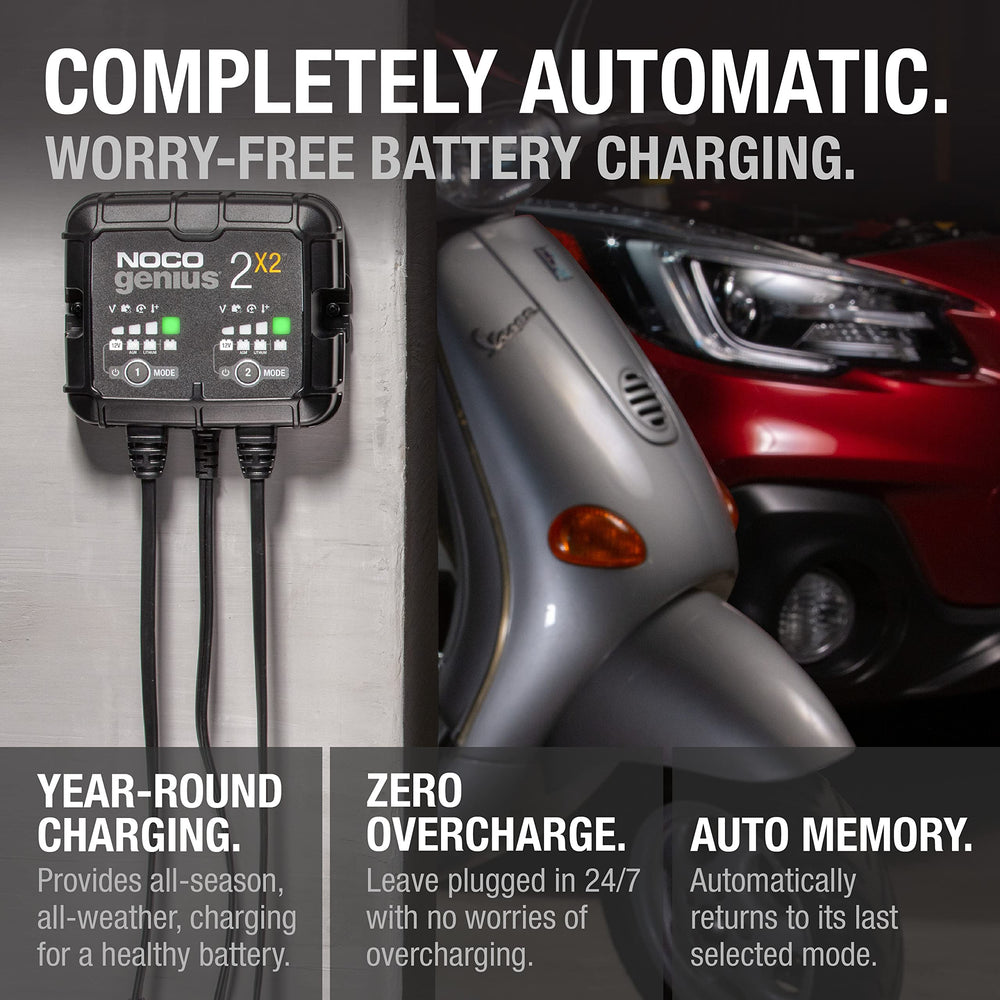 NOCO GENIUS2X2 broad vehicle compatibility list for many battery types.