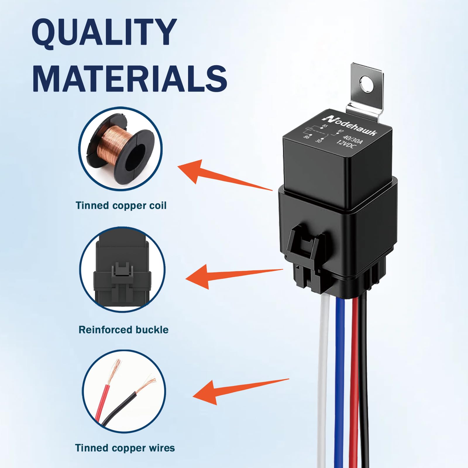 Nodehawk four-pin relay body showcases rugged design for reliable automotive switching.