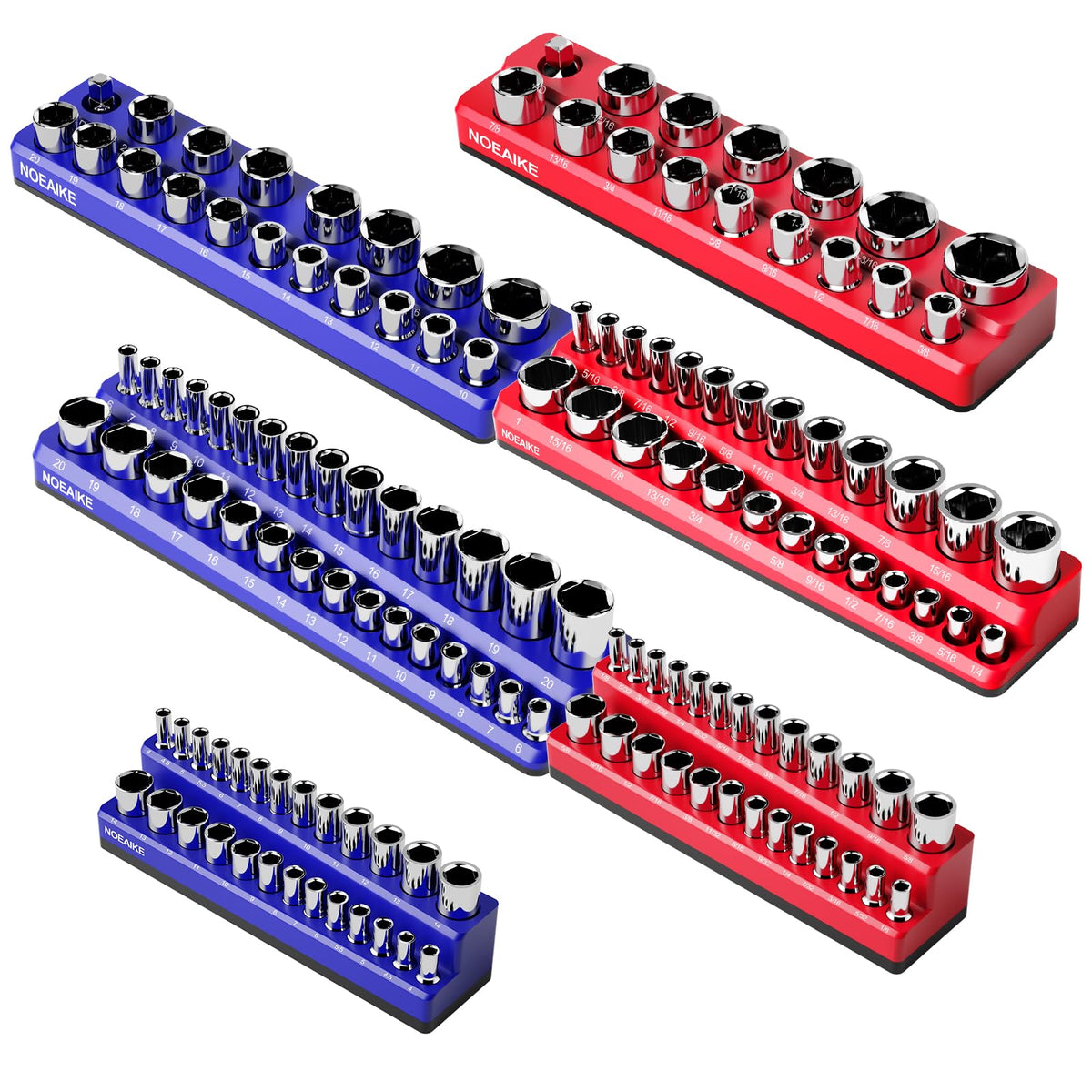 NOEAIKE magnetic socket organizer 6-pack for SAE and metric sockets.
