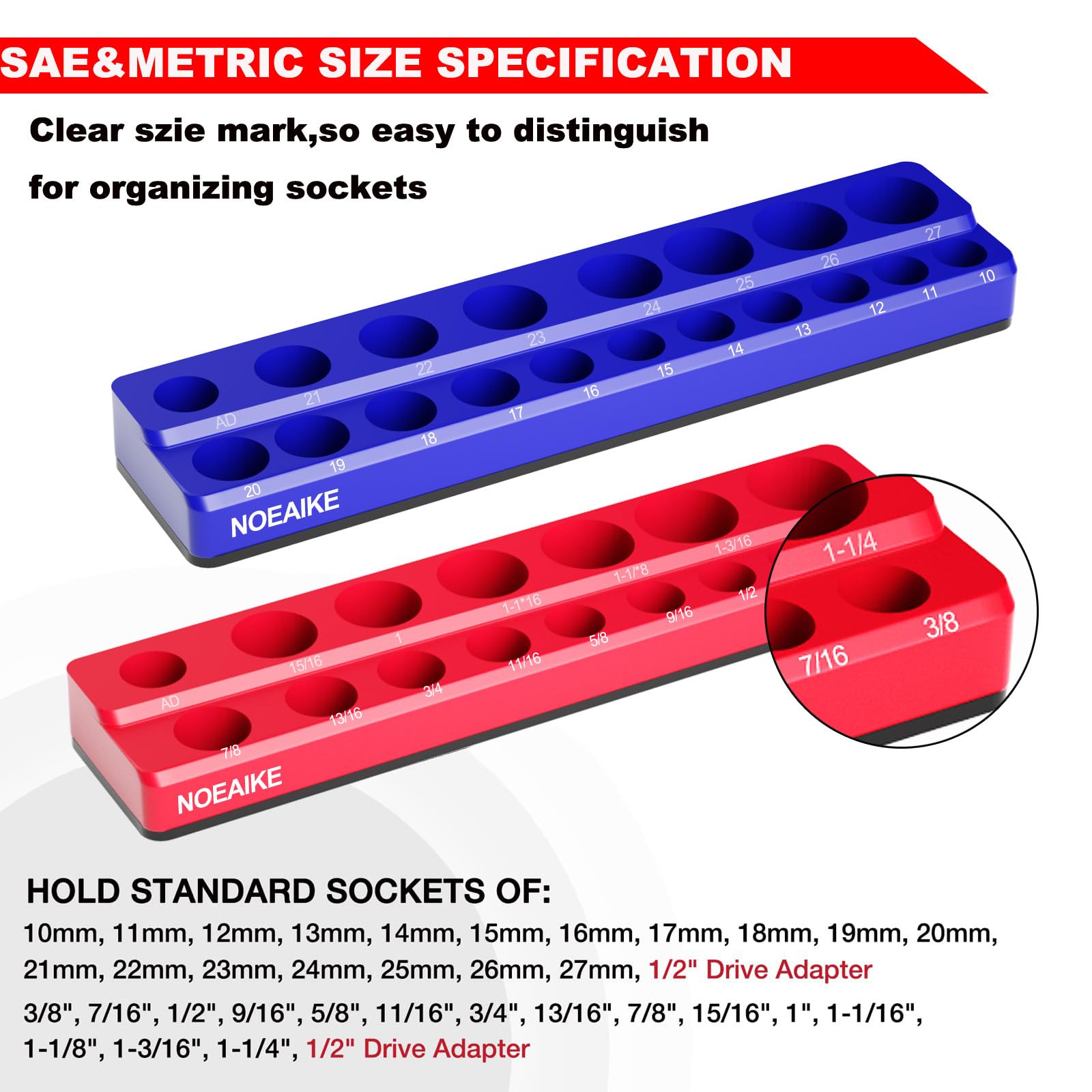 Two NOEAIKE socket trays with magnetic bases attached to a metal surface