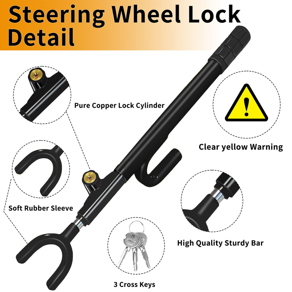 NOEAIKE steering lock with adjustable bar fits different wheels securely.