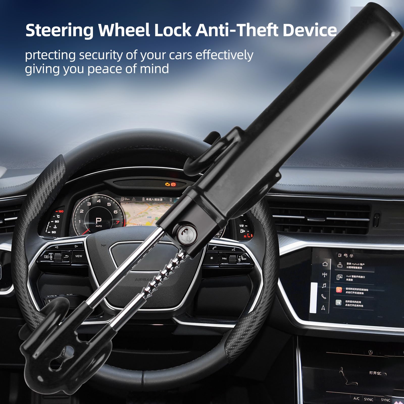 NOEAIKE steering wheel lock adjustable bar fits various wheels.