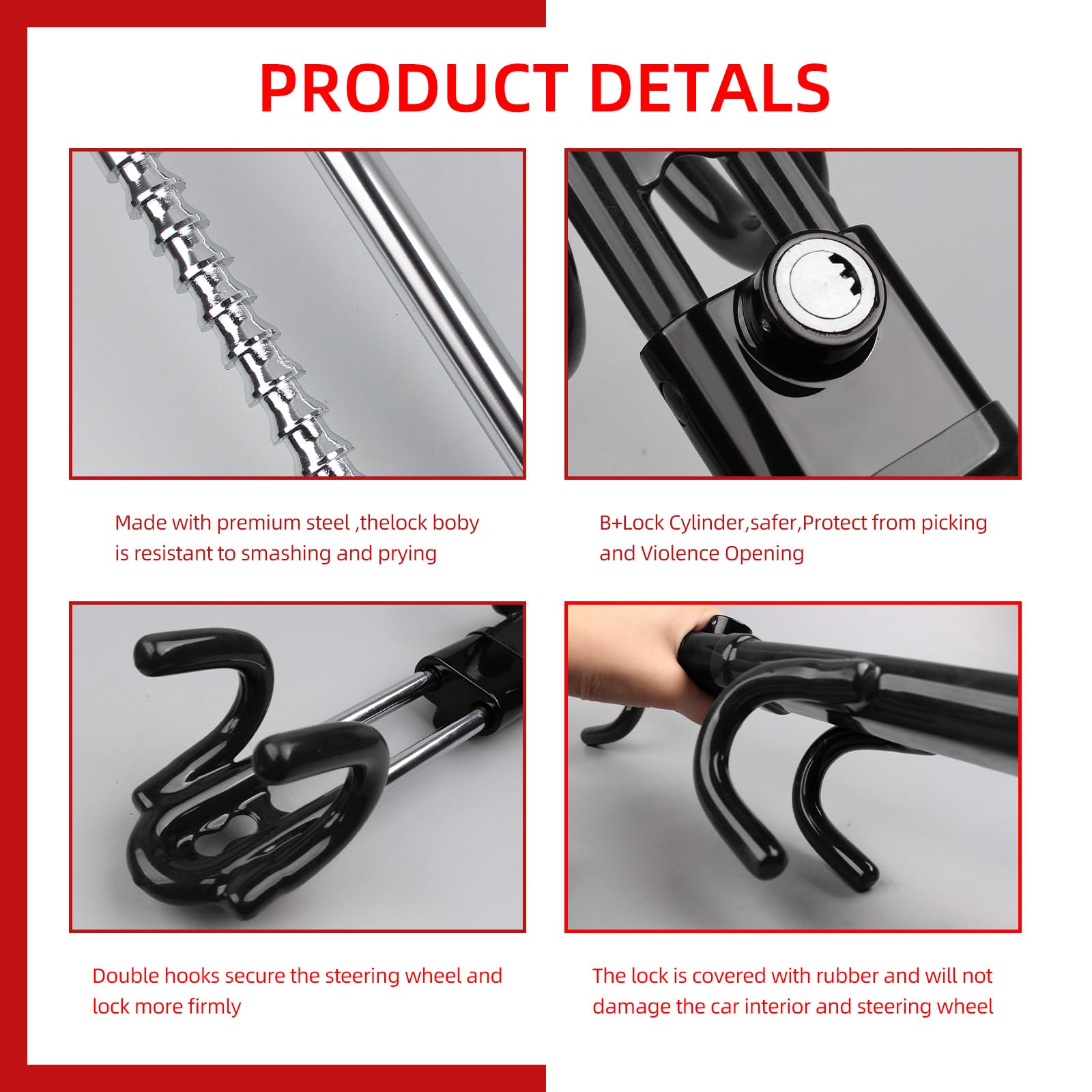 NOEAIKE steering wheel lock built from carbon steel for durability.