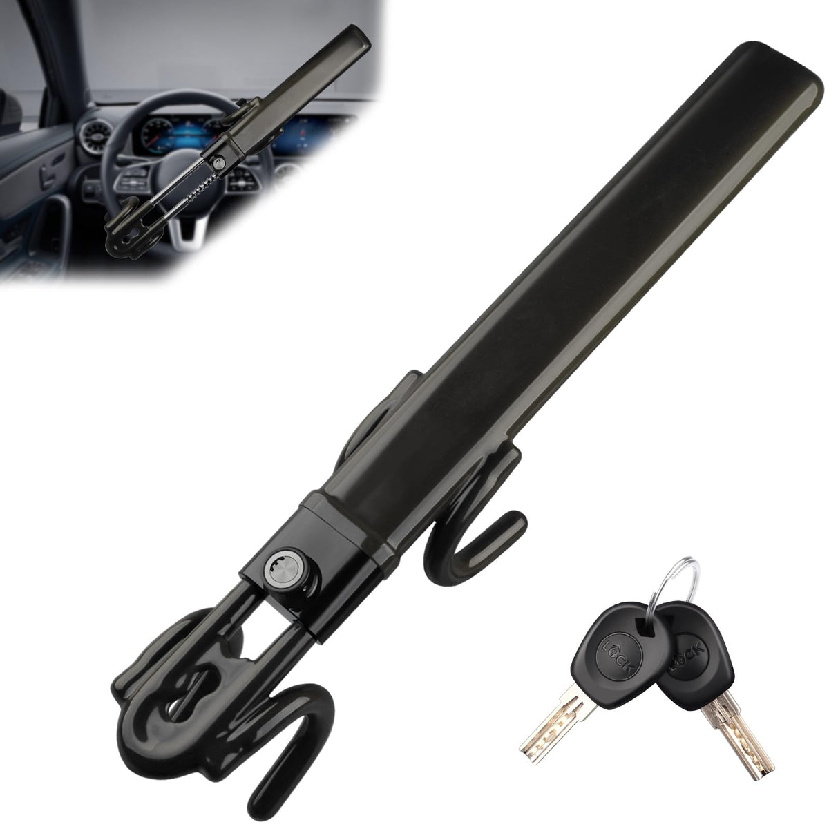 NOEAIKE steering wheel lock with dual hooks design enhances vehicle security.