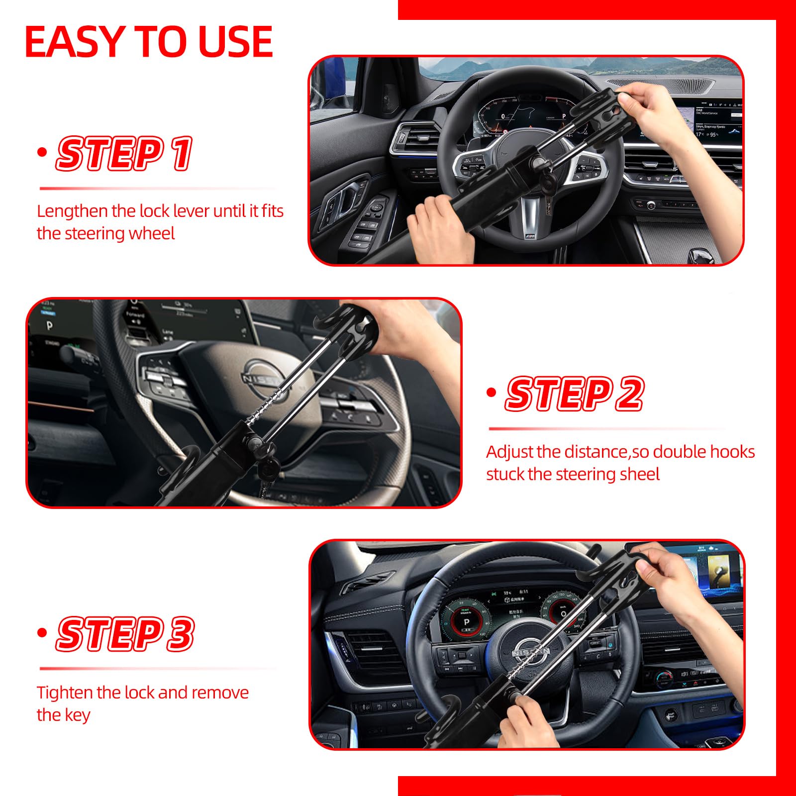 NOEAIKE steering wheel lock with quick-lock mechanism for fast securing.