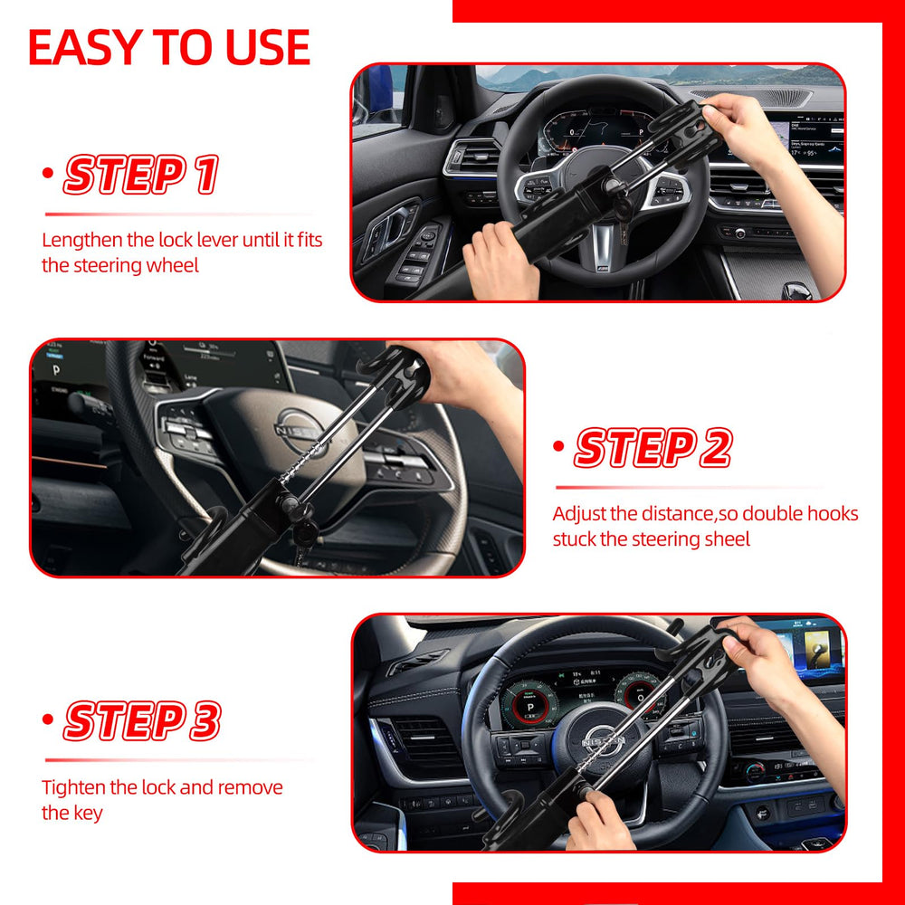 NOEAIKE steering wheel lock with quick-lock mechanism for fast securing.