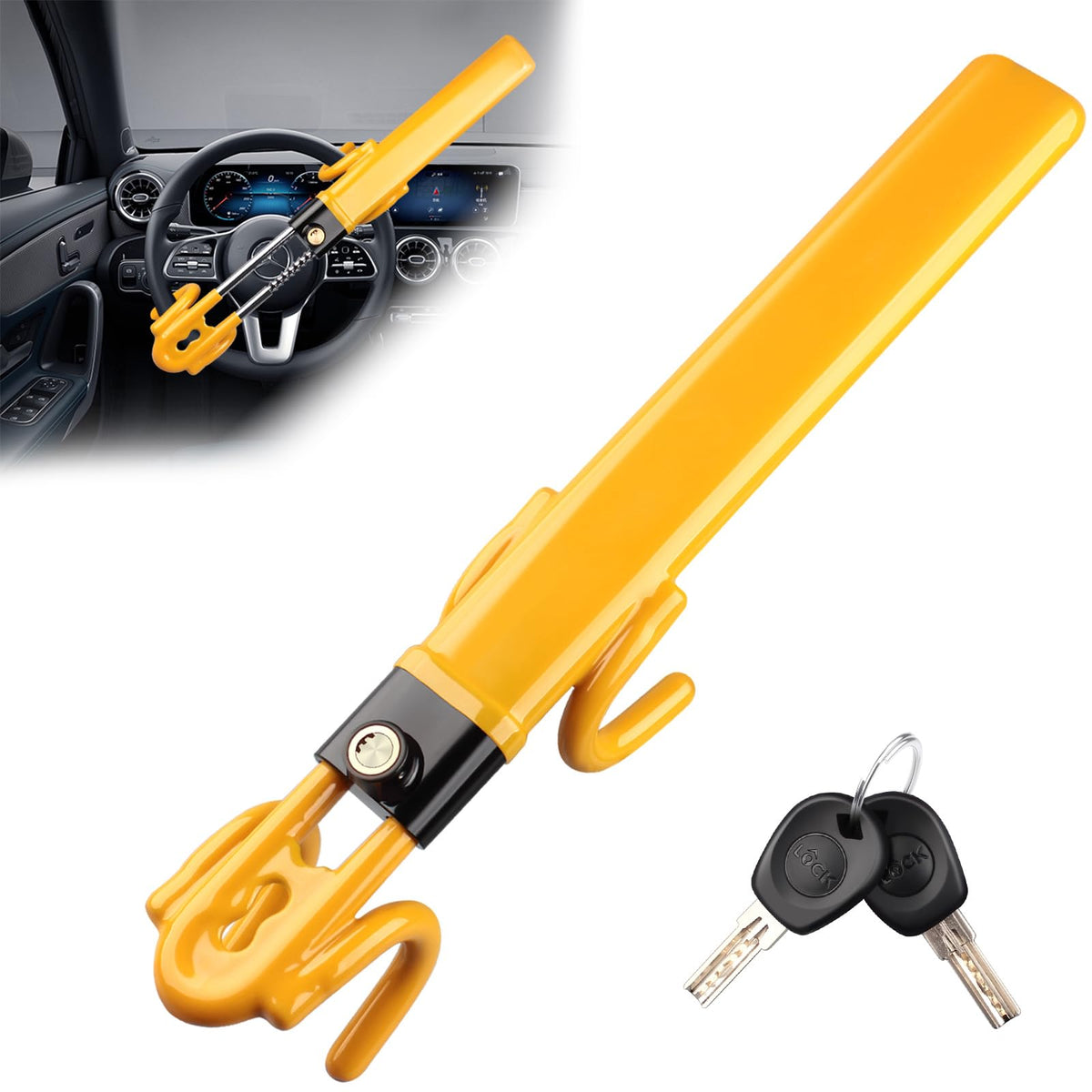 NOEAIKE steering wheel lock in bright yellow acts as a visible theft deterrent
