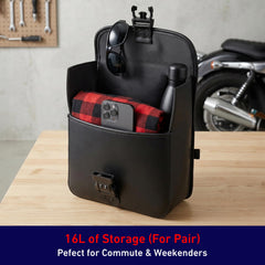 Nomad USA saddlebags waterproof exterior shields contents during sudden showers.