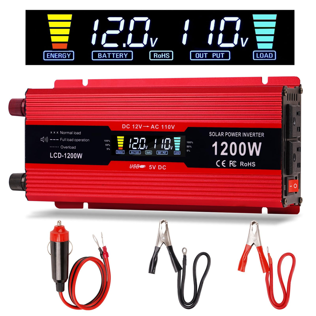 Nomal car power inverter 1200W LCD display shows real-time voltage and load.