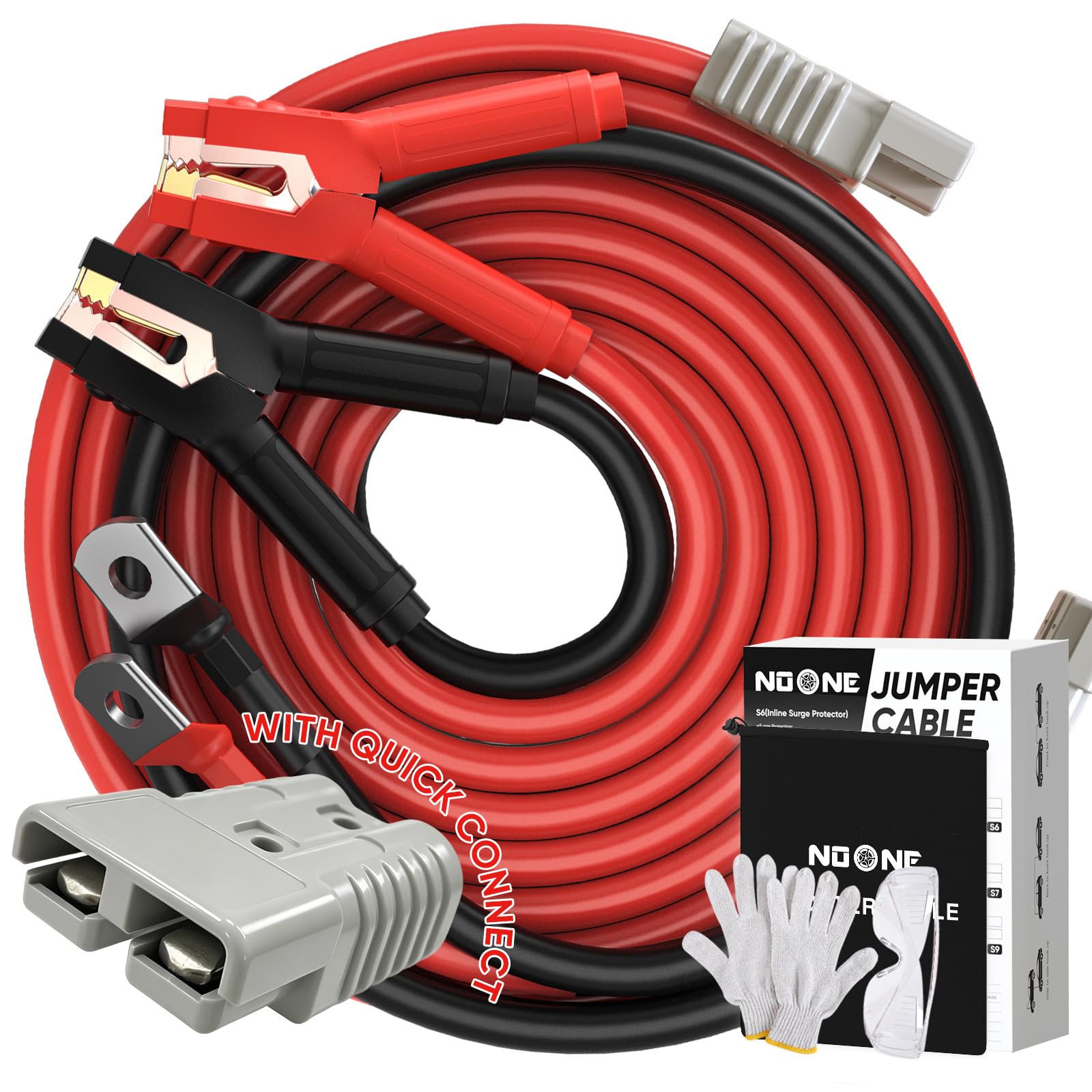 Noone 0-gauge 30 ft jumper cables pack ready for quick vehicle boosts.