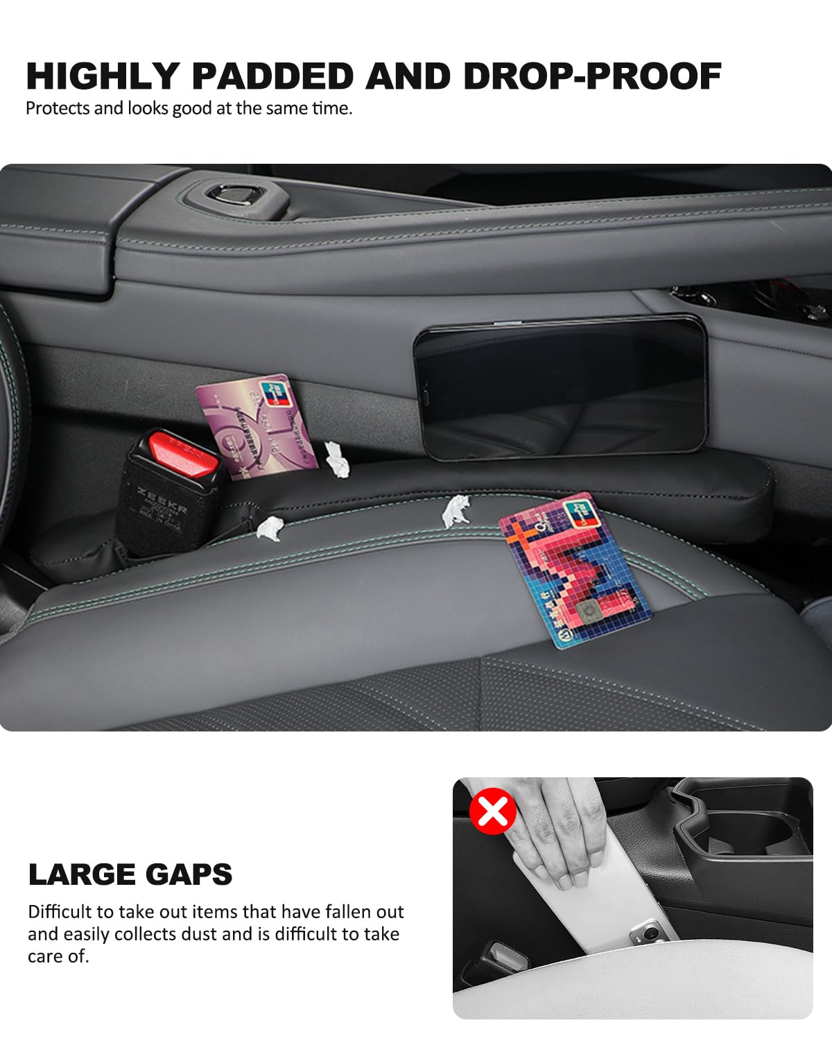 Nosxxus gap filler sits between seat and console to prevent drops.