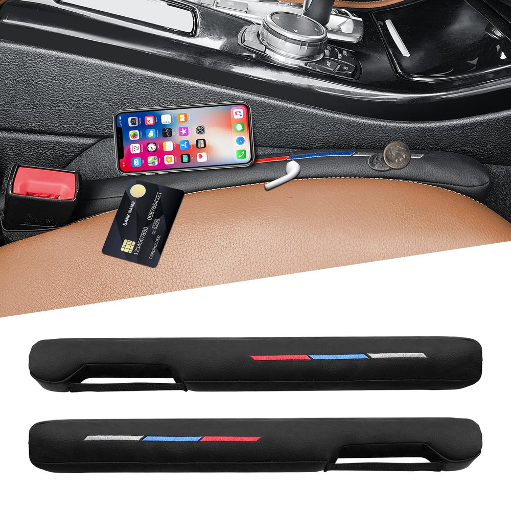 Nosxxus sport style leather seat gap filler on driver side keeps items within reach.