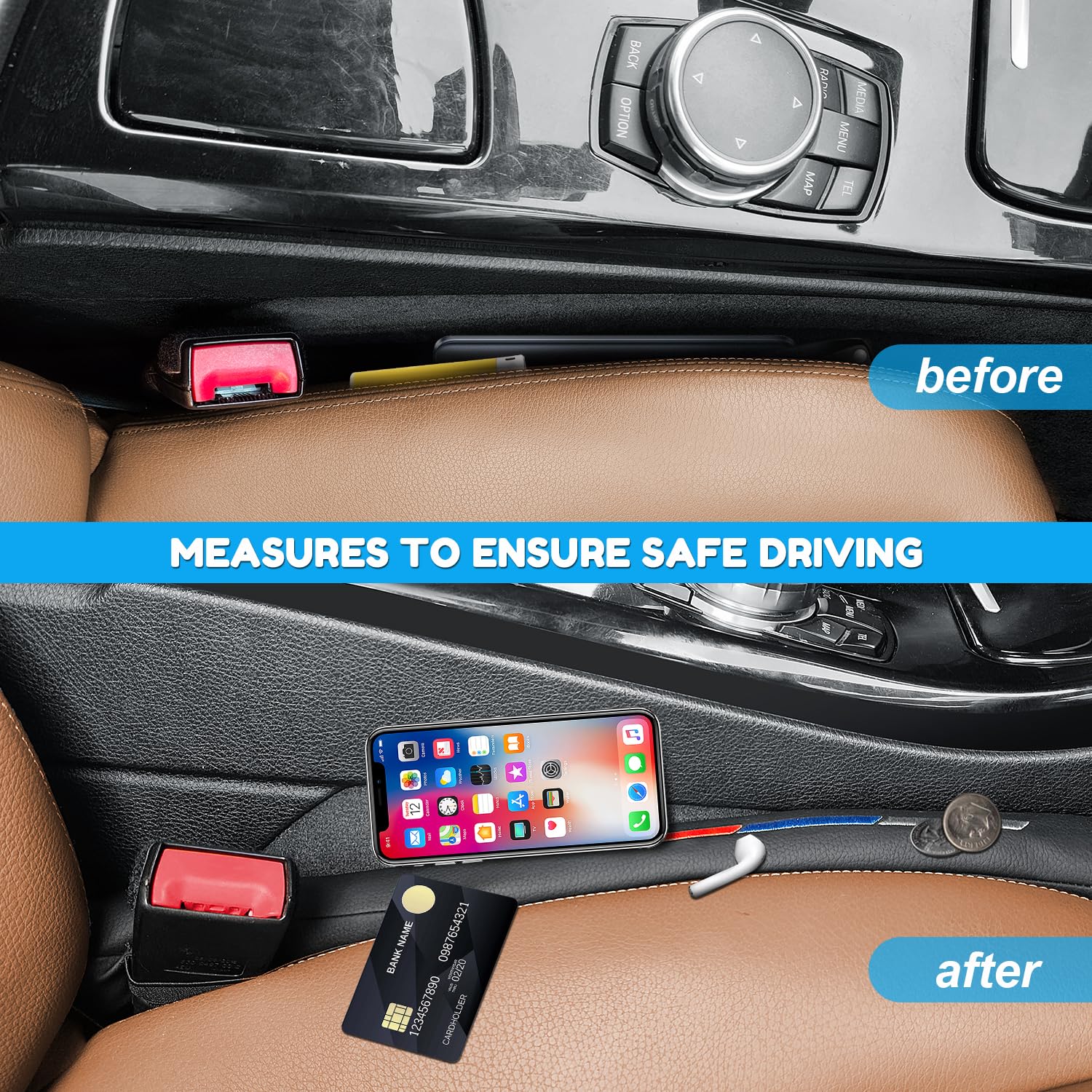 Nosxxus sport style leather seat gap filler on passenger side keeps things organized.