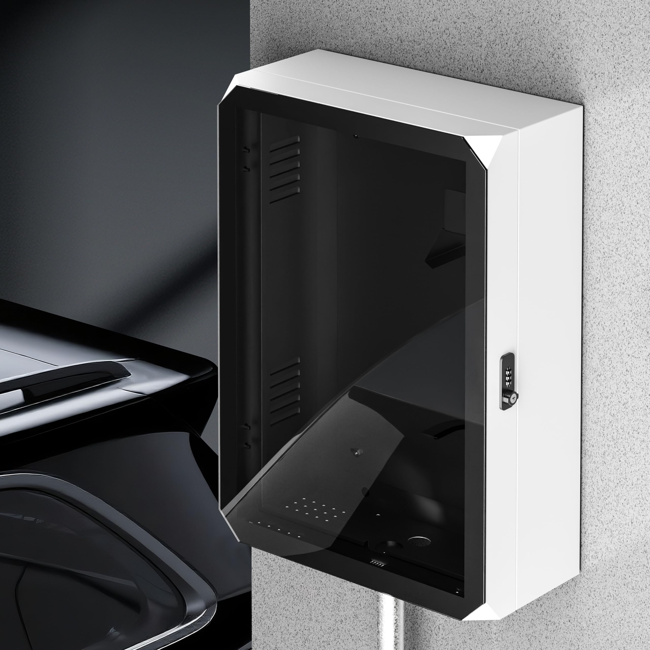 NOTASA EV charger enclosure showing wide interior space for charger and cable storage.