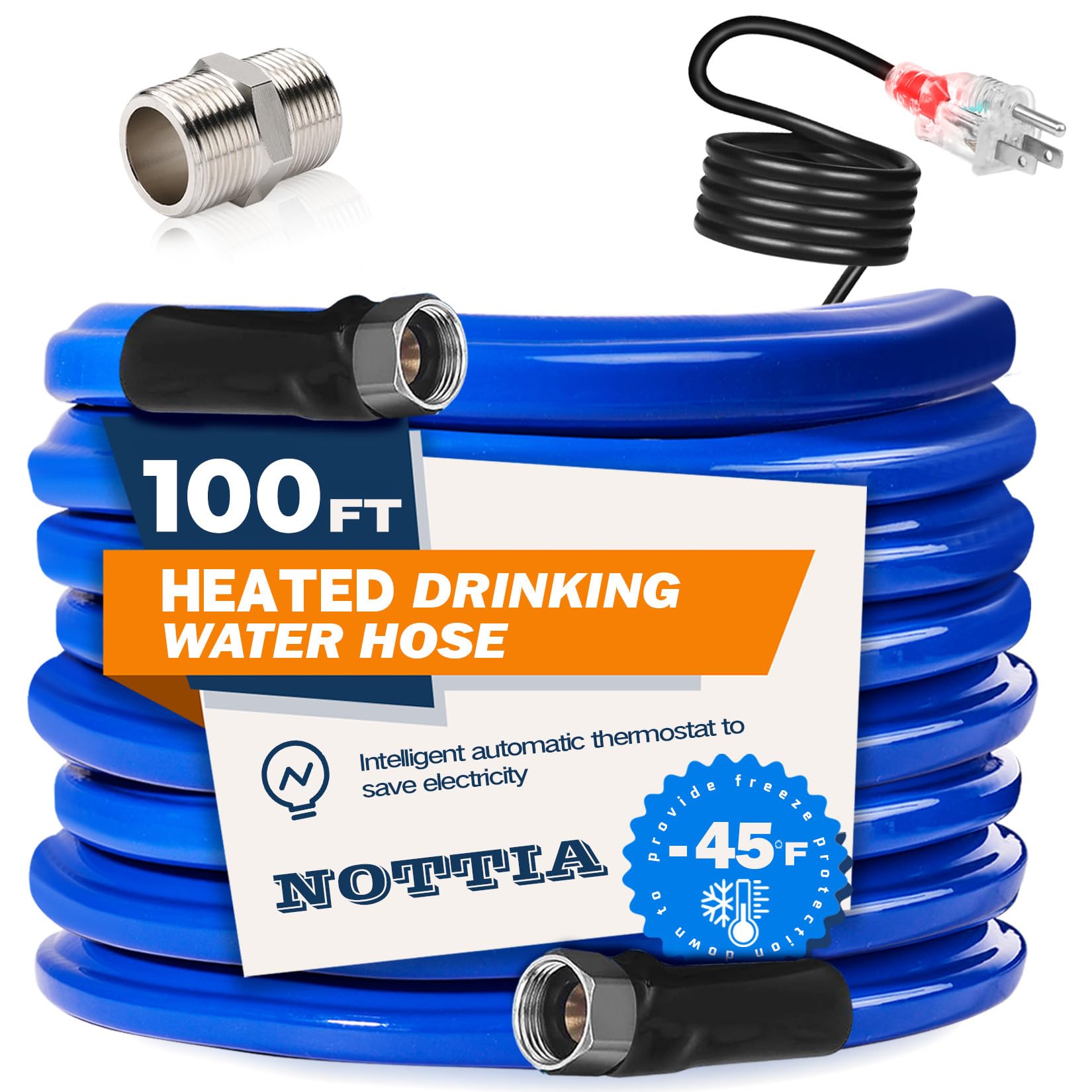 Nottia 100ft heated water hose ready for outdoor RV camping in cold weather.