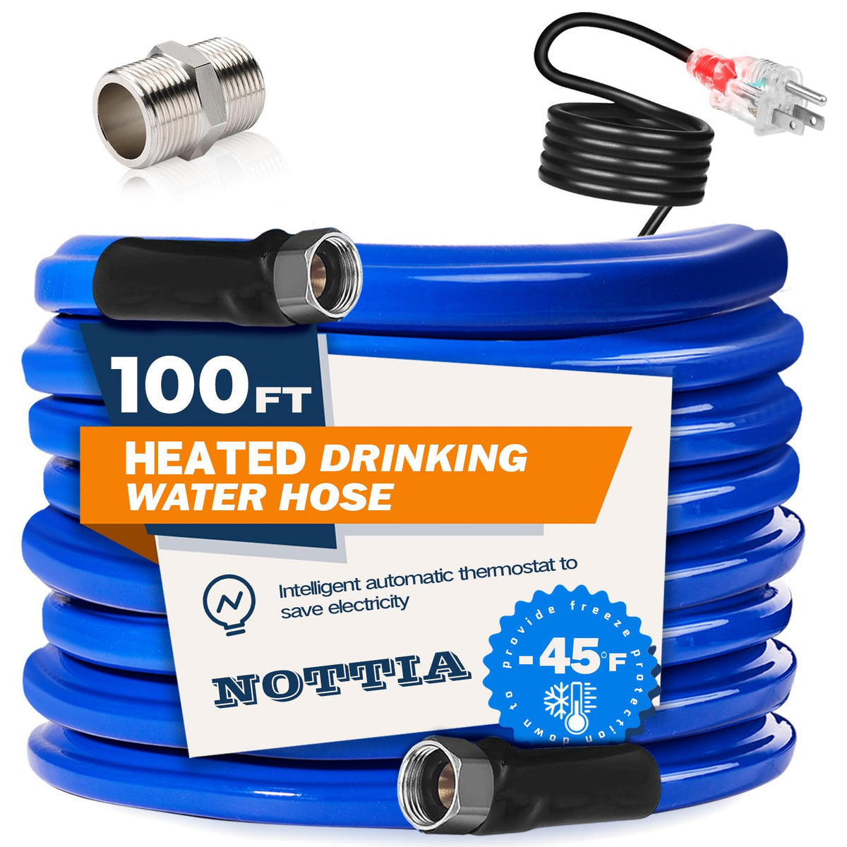 Nottia 100ft heated water hose ready for outdoor RV camping in cold weather.