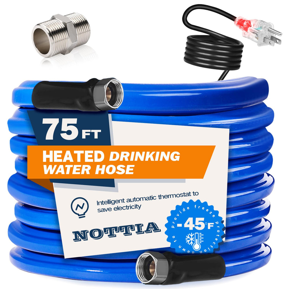 Nottia 75ft heated water hose for RV maintains flow in cold weather.