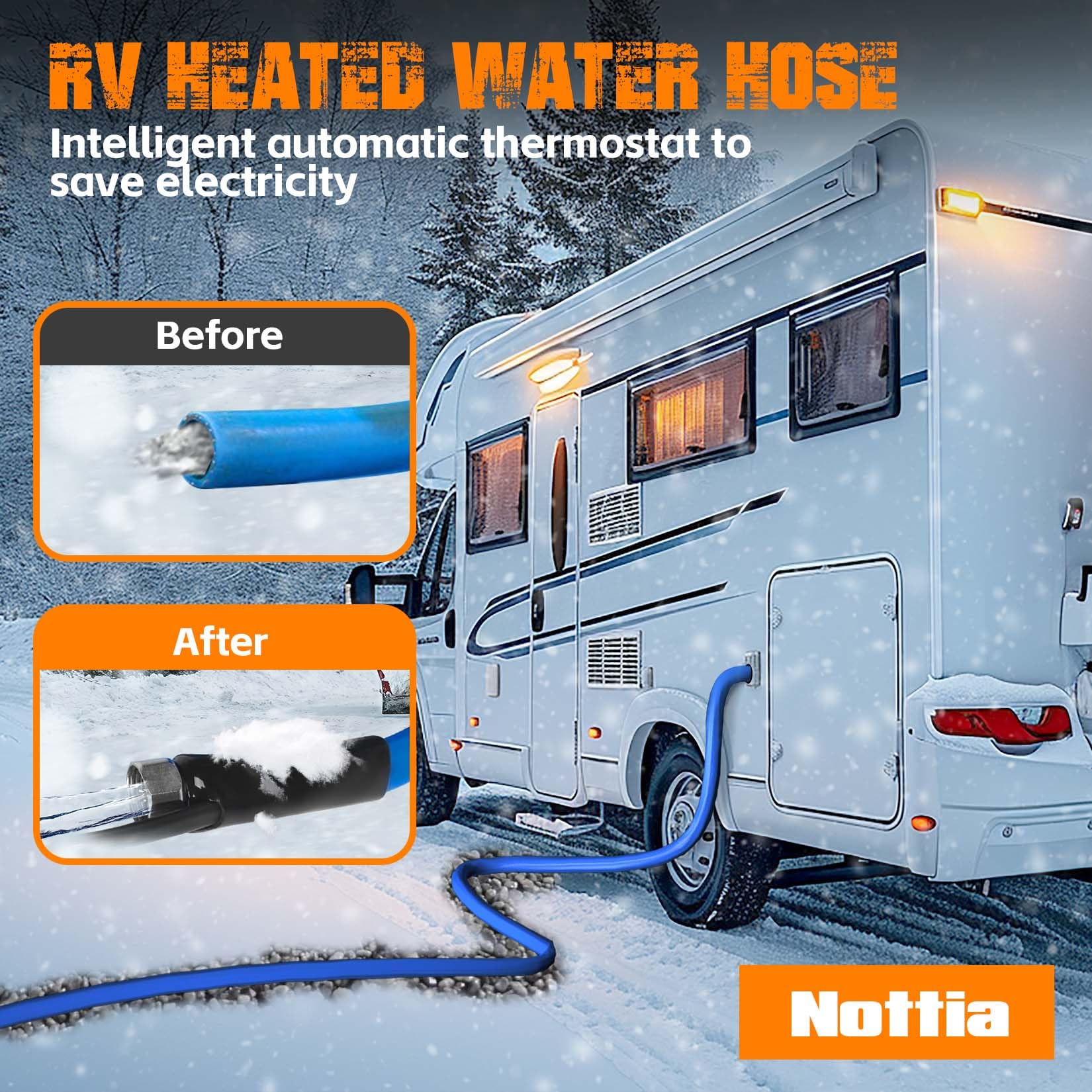 Nottia heated water hose provides freeze protection down to -45°F for reliable winter water.