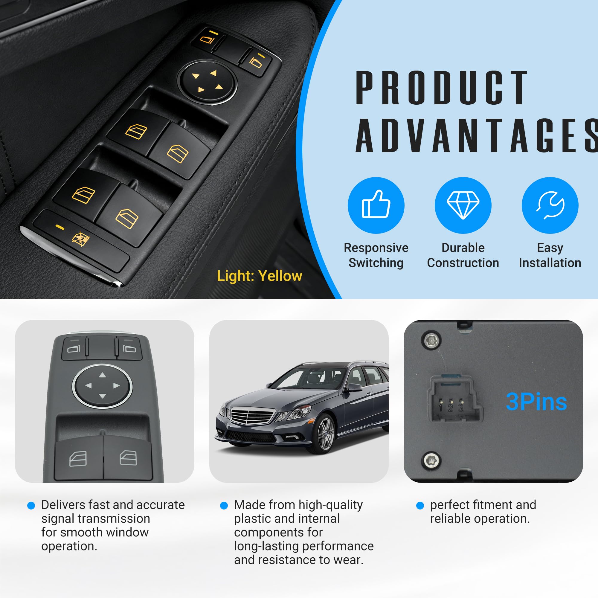 NOVAPARTS 3-pin detail highlights connection requirement for Mercedes window switch.